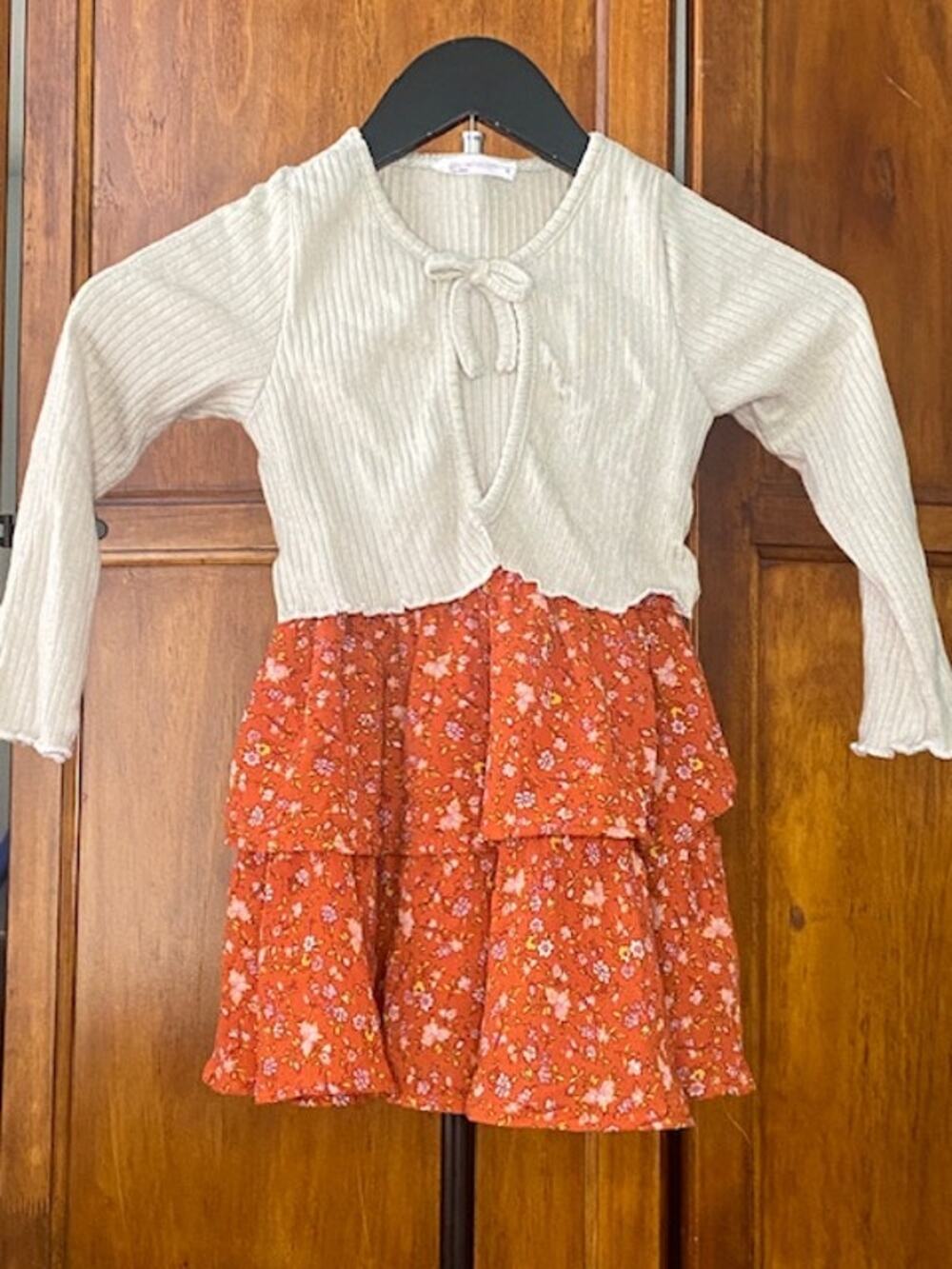 Young Hearts Girls 2 Pc Dress Set Size 4 Floral Rust Tiered Skirt Ivory Cardigan